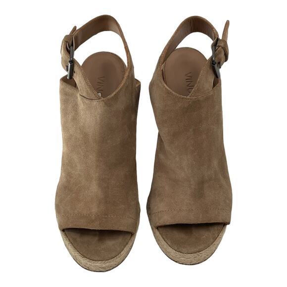 VINCE Evangeline Wedges Open Toe Booties SZ 7.5 Tan Suede Espadrille Sandals - Picture 3 of 8